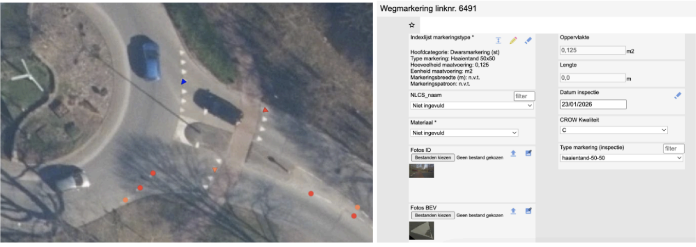 Wegmarkering met objectgegevens en herstelstatus in een geo-beheersysteem