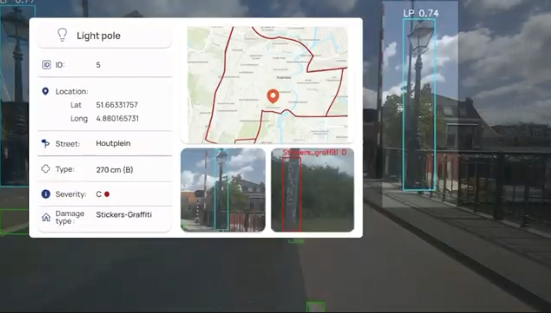 AI-detectie van een lichtmast met locatie- en schadegegevens