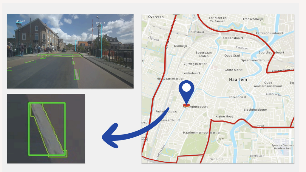 AI-detectie van wegmarkering met originele foto, bird-eye-view en exacte locatie