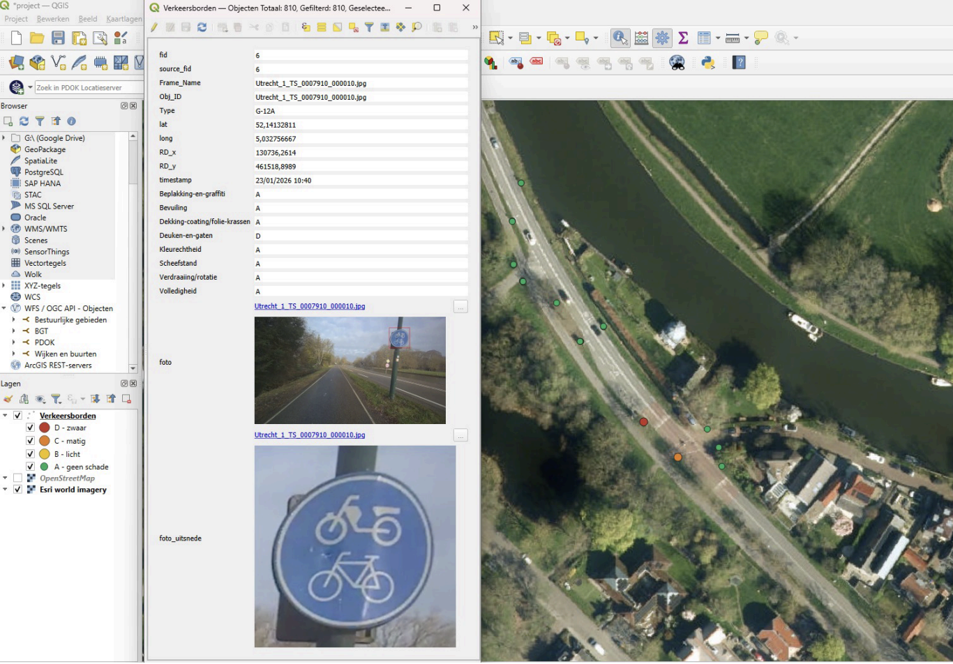 Verkeersborden met objectgegevens en beeldbewijs in QGIS